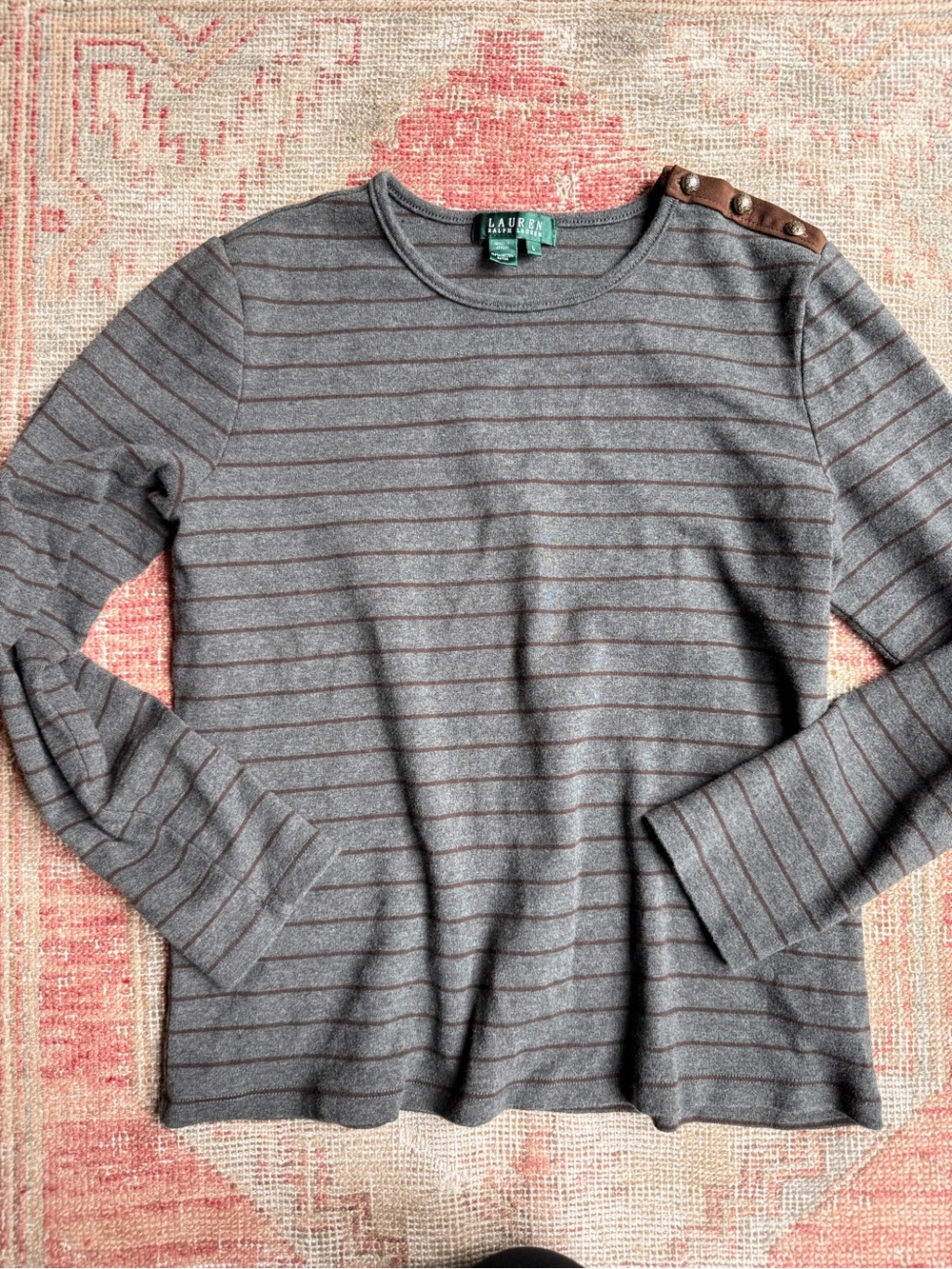 Ralph Lauren Gray Long-Sleeve Crewneck with Brown Stripes & Button Shoulder